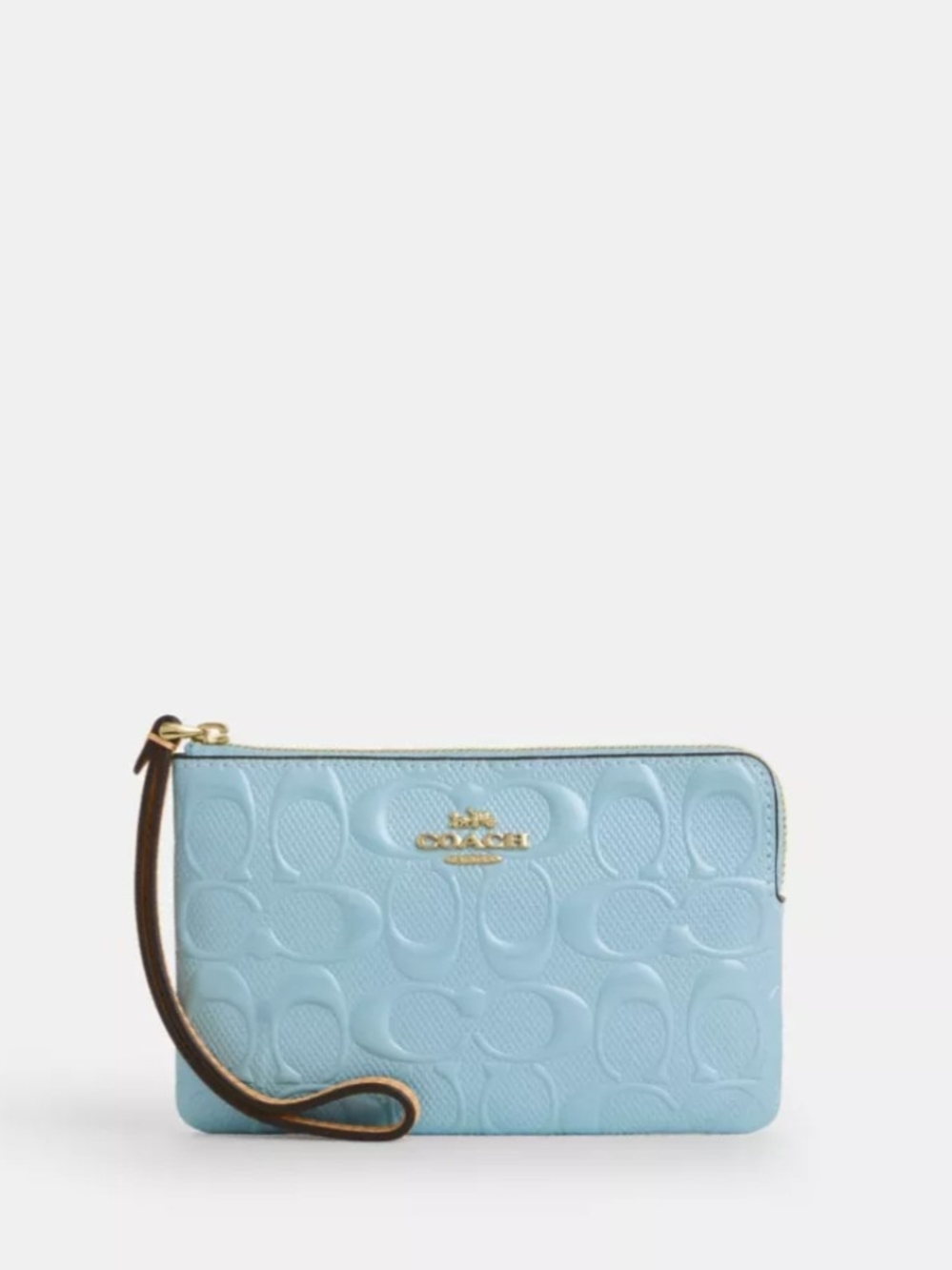 Coach Light Blue Signature Embossed Wristlet with Brown Strap